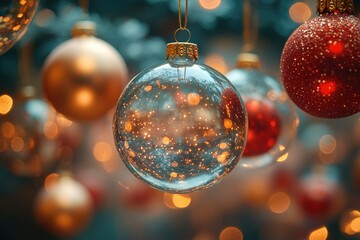 Poster - A festive garland featuring a bunch of Christmas ornaments hanging from a string, perfect for holiday decorations or gift wrapping
