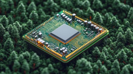 Poster - Microchip Circuit Board Surrounded by Lush Green Forest Landscape