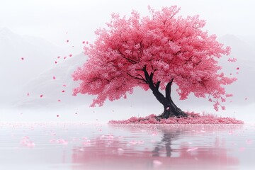 Poster - A pink tree stands on calm waters