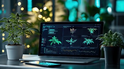 Poster - Modern Laptop with Cannabis Data and Green Plants on Stylish Desk