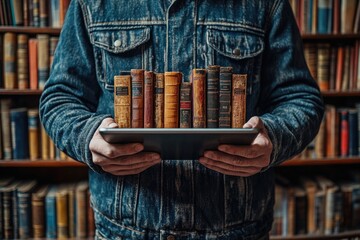 Poster - a person holds a tablet surrounded by various books, perfect for educational or research-related use