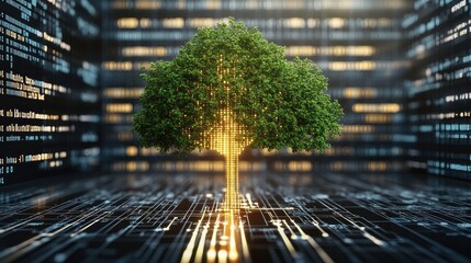 Poster - Digital Tree with Green Foliage Against a Data Background