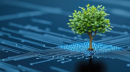 Poster - Tree Growing from Digital Circuit Board Representing Nature and Technology