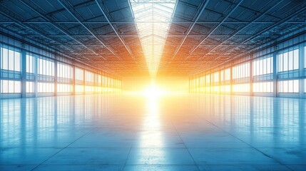 Poster - Bright Sunrise Through Large Windows in an Industrial Warehouse Space