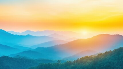 Wall Mural - A vibrant sunset casts warm hues over a verdant valley, creating a stunning visual thats simply breathtaking.