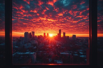 Aufkleber - A view of a city skyline at sunset from a residential window, ideal for use in urban planning or travel brochures