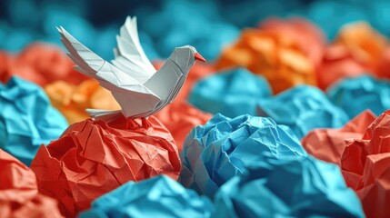 Poster - A paper bird sits atop a stack of crumpled paper, creating a unique and whimsical scene