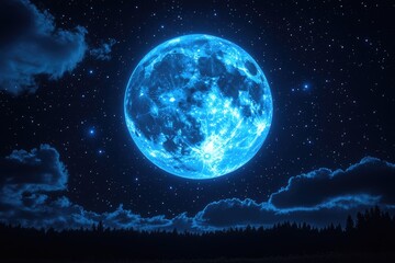 Poster - A bright blue full moon illuminates the dark night sky, offering a glimpse of celestial beauty