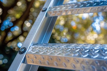 Poster - A detailed view of a metal step ladder with rungs and legs, suitable for use in various settings such as workshops or home improvement projects