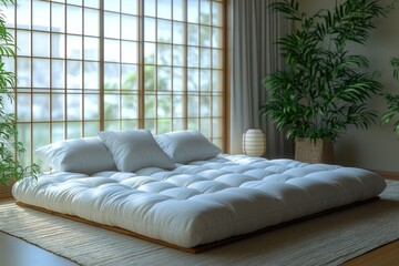 Poster - A simple and cozy white futon bed placed directly on a wooden floor, great for minimalist interior design or small spaces