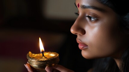 Aufkleber - A woman holds a lit candle in her hand, illuminating the surrounding darkness