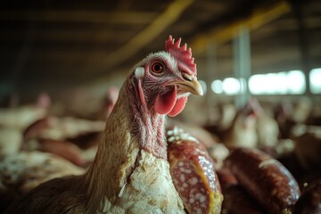 a group of chickens inside a rustic barn