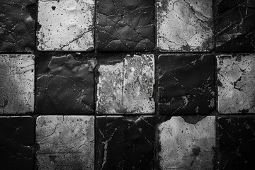 Poster - Black and white photograph of a tiled wall with geometric patterns