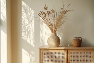 Poster - A still life image of a vase holding dried plants placed on a cabinet