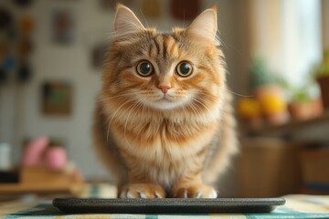 Poster - A domestic cat sitting on top of a remote control