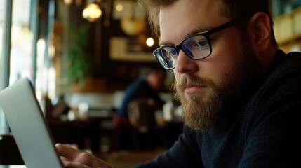 Wall Mural - A person sitting at a desk, using a laptop, wearing glasses and a beard