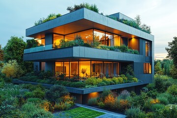 Poster - A modern building with lush greenery on the roof, perfect for urban gardens or architecture photography