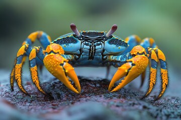 Poster - A close-up view of a crab sitting on a rock, its claws and body visible