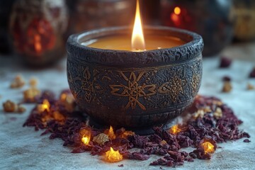 Aufkleber - A single candle sits on a wooden or glass table, ready for use