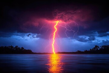 Aufkleber - A sudden strike of lightning illuminates the surface of the water