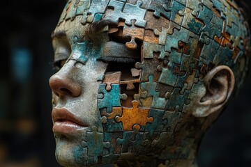 Poster - A close-up shot of a person's face with puzzle pieces on it, ideal for use in educational or creative projects