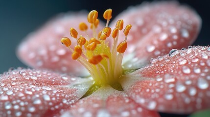 Poster - A detailed view of a flower with water droplets glistening on its petals, perfect for using in designs about nature, beauty, or tranquility
