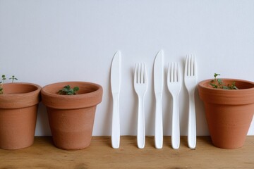 Poster - A set of kitchen utensils placed next to a small potted plant, suitable for use in still life photography or home decor illustrations