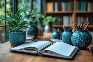 Poster - a classic leather-bound book resting on a rustic wooden table, ideal for educational or literary use