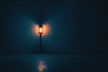 Poster - In a dark and empty room, a solitary light casts a warm glow, creating a feeling of isolation and providing ample space for added text. Generative AI