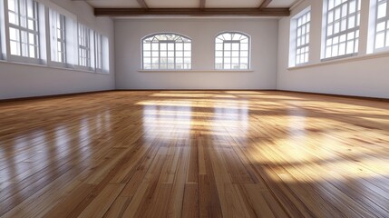 Poster - Bright and Spacious Empty Room with Wooden Floor and Large Windows