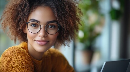 Poster - A woman with glasses sitting in front of a laptop, focused on the screen
