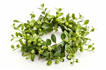 Poster - A natural wreath made from green leaves and berries sits on a white background, perfect for decorative or gift-giving purposes