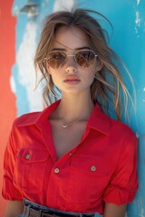 Wall Mural - A woman wearing a bright red shirt and sunglasses leans against a blue wall, looking relaxed