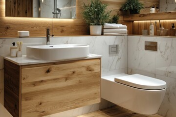 Poster - A close-up of a white toilet placed beside a wooden sink