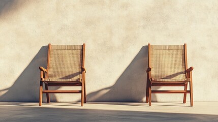 Poster - Two Elegant Wooden Chairs with Textured Backrest Against Wall