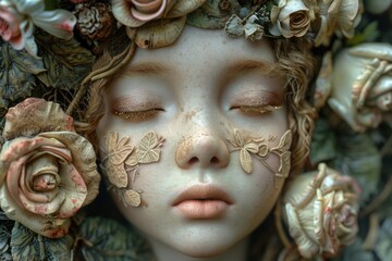 Poster - A close-up of a woman's face adorned with flowers, perfect for use in beauty or nature-themed projects