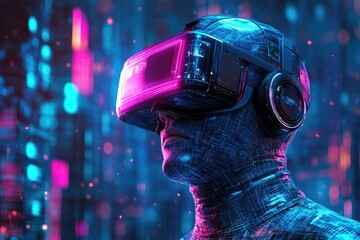Poster - Man wearing virtual reality headset and headphones for immersive gaming or entertainment, suitable for tech-related articles, blog posts, or advertisements