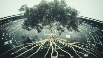 Poster - Digital Tree with Roots and Circuit Board Background Concept