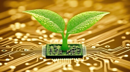 Poster - Green Plant Growing from Circuit Board with Golden Background