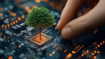 Poster - Hand Nurturing Tree on Microchip Representing Nature and Technology