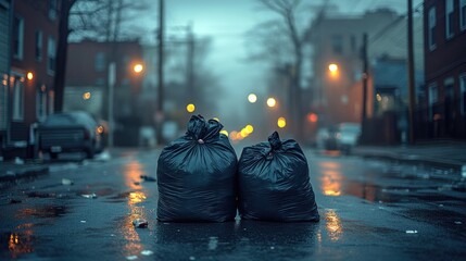 Poster - Two bags of garbage left on the side of the road, a common scene in many urban areas