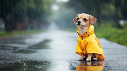 Poster - A small dog in a vibrant yellow raincoat sits on a rainy road, surrounded by lush greenery, as droplets fall gently around it. Generative AI