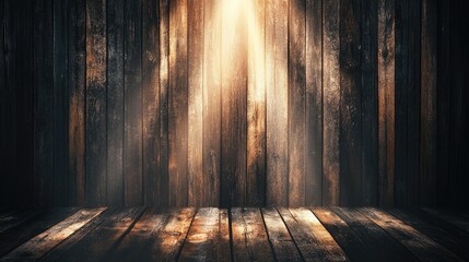 Poster - Warm Light Illuminating Rustic Wooden Wall and Floor Background
