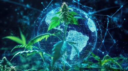 Poster - Cannabis Plant with Digital Globe and Network Connections