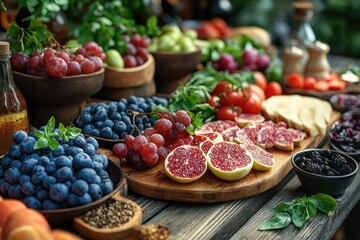 Wall Mural - A wooden table filled with various fruits and vegetables for a healthy snack or decoration