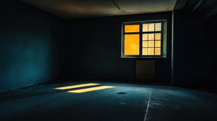 Poster - In a dark room, a small light source shines through a window, creating a stark contrast and evoking feelings of abandonment and solitude. Generative AI