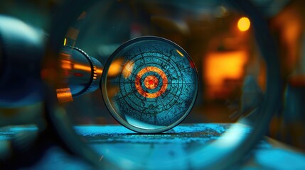 Wall Mural - a close-up view of a magnifying lens on a table, perfect for use in science and technology illustrat