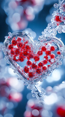 Poster - Molecular patterns form a heart filled with red particles on a shimmering blue background