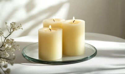 Poster - Three candles are lit and sitting on a glass plate