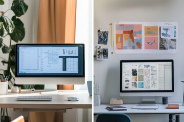 Leinwandbilder - Two contrasting workspaces feature a sleek minimalist setup and a vibrant artistic display, each showcasing unique creative potential. Generative AI